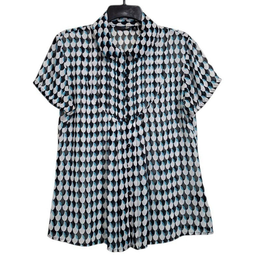 East 5th Top Medium Black White Blue‎ Geometric Pleated Button-Up Blouse Office
